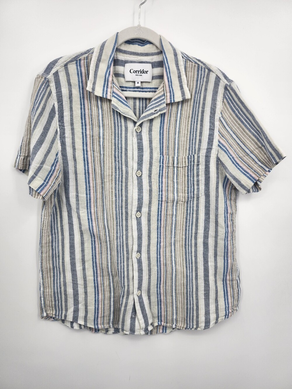 Corridor NYC Amagansett Camp Shirt Sz M Pastel Stripe Short Sleeve Modern Preppy